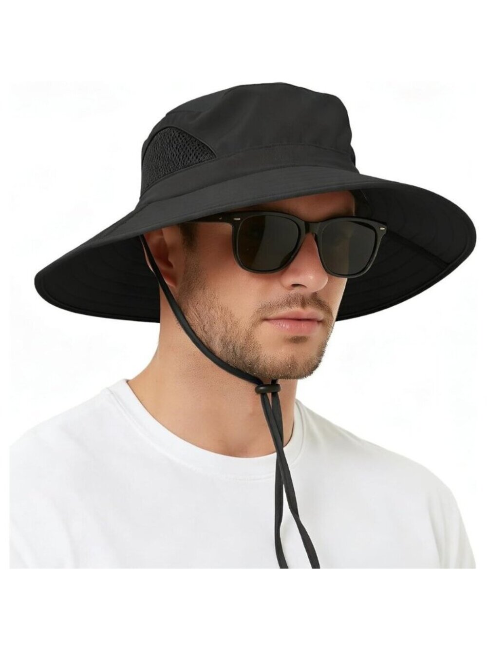 Unisex Black 100% Polyester Wide Brim Mesh Vents With Chin Strap Fishing Sun Hat